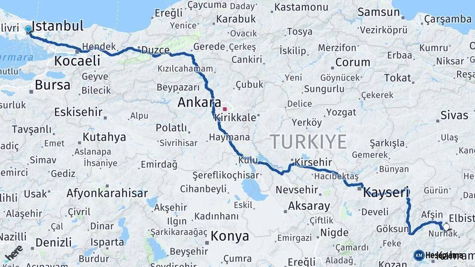 İstanbul Ekinözü Kahramanmaraş Arası Kaç Km - Yol Haritası