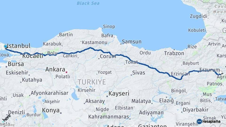 İstanbul Eleşkirt Ağrı Arası Kaç Km - Yol Haritası
