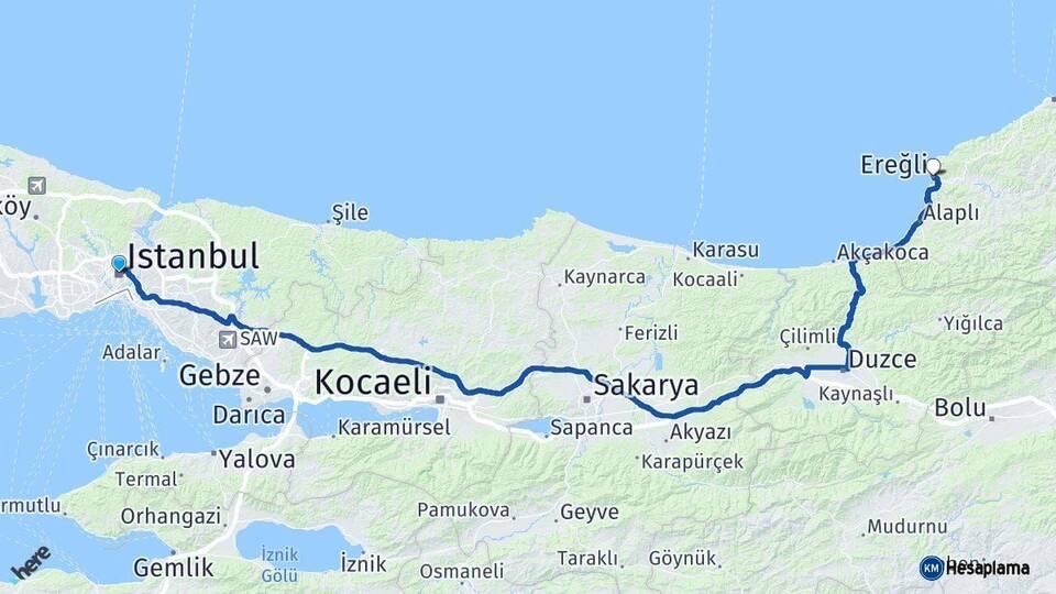 İstanbul Ereğli Zonguldak Arası Kaç Km - Yol Haritası