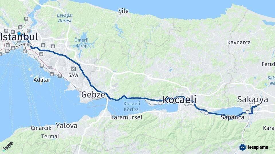 İstanbul Erenler Sakarya Arası Kaç Km - Yol Haritası