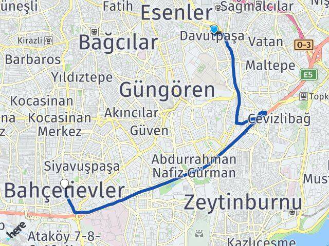 İstanbul Esenler Davutpaşa Bahçelievler Arası Kaç Km - Yol Haritası