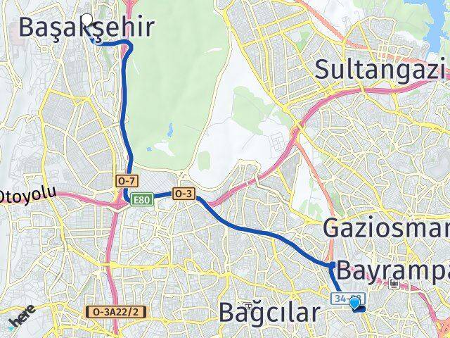 İstanbul Esenler Davutpaşa Başakşehir Arası Kaç Km - Yol Haritası