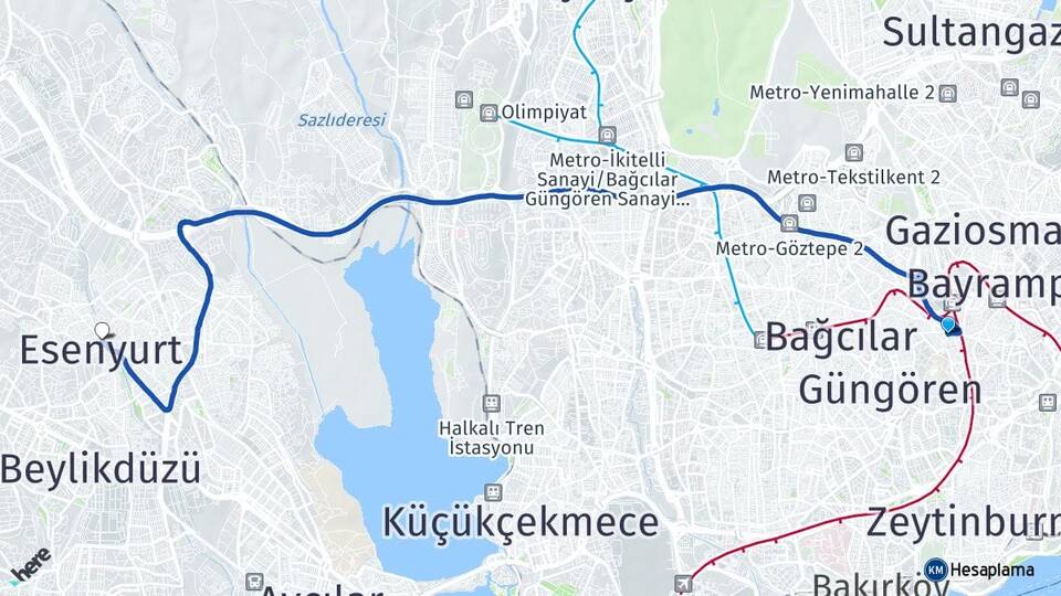 İstanbul Esenler Davutpaşa Esenyurt Arası Kaç Km - Yol Haritası