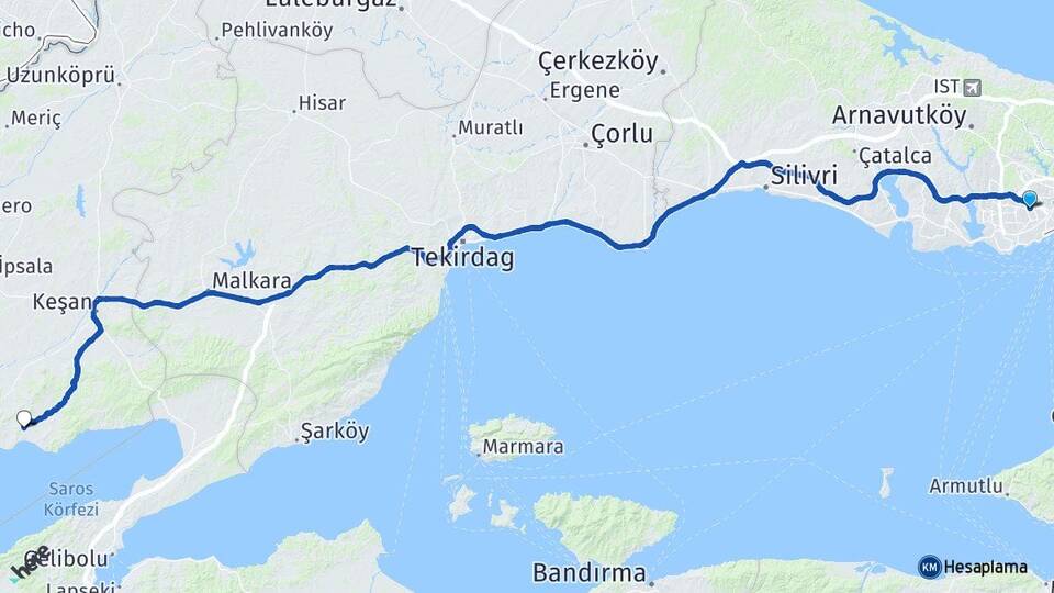 İstanbul Esenler Erikli Keşan Edirne Arası Kaç Km - Yol Haritası