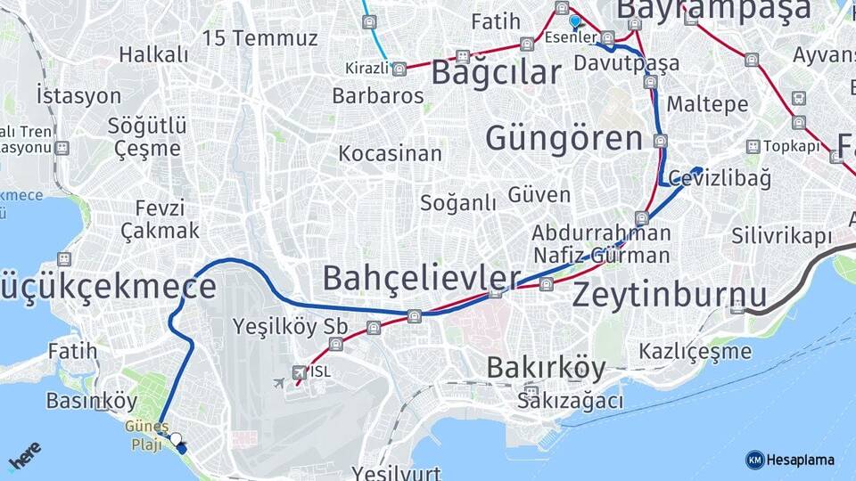 İstanbul Esenler Florya Bakırköy Arası Kaç Km - Yol Haritası