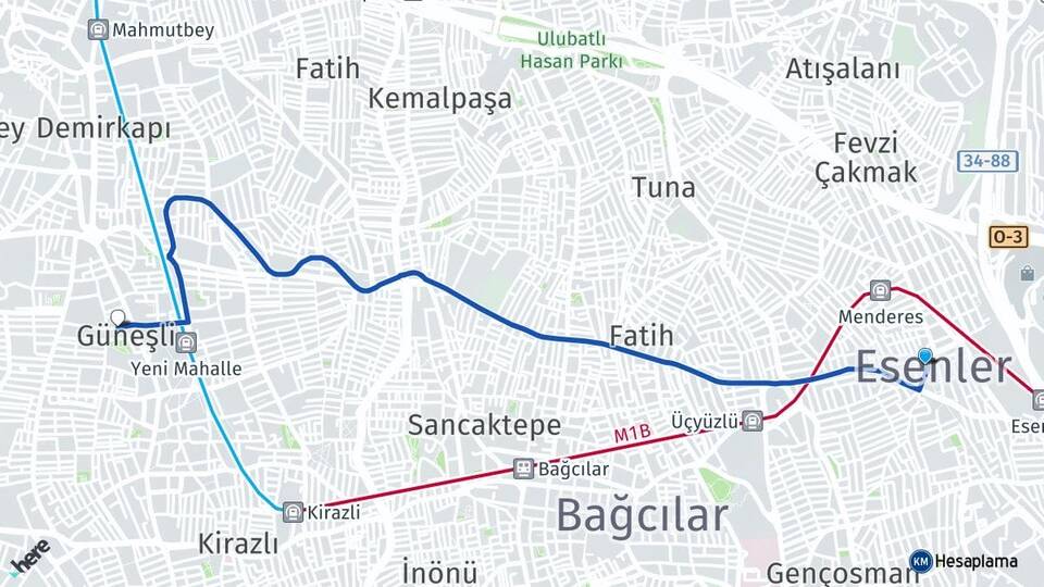 İstanbul Esenler Güneşli Bağcılar Arası Kaç Km - Yol Haritası