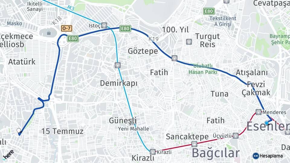 İstanbul Esenler Halkalı Küçükçekmece Arası Kaç Km - Yol Haritası