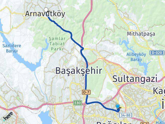 İstanbul Esenler Havaalanı Arnavutköy Arası Kaç Km - Yol Haritası
