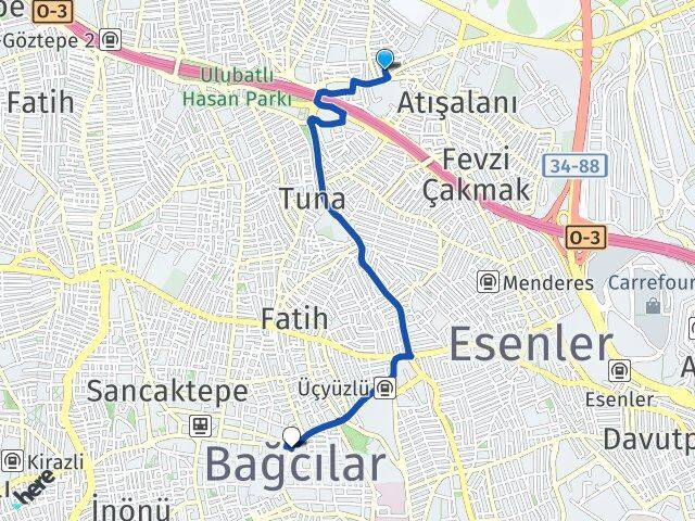 İstanbul Esenler Havaalanı Bağcılar Arası Kaç Km - Yol Haritası