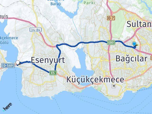 İstanbul Esenler Havaalanı Büyükçekmece Arası Kaç Km - Yol Haritası