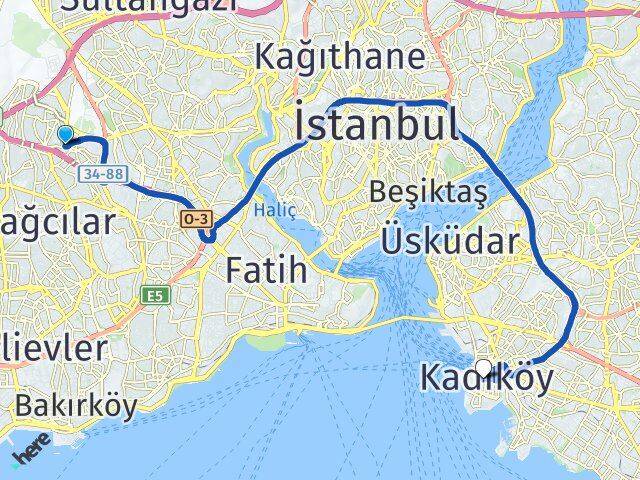 İstanbul Esenler Havaalanı Kadıköy Arası Kaç Km - Yol Haritası