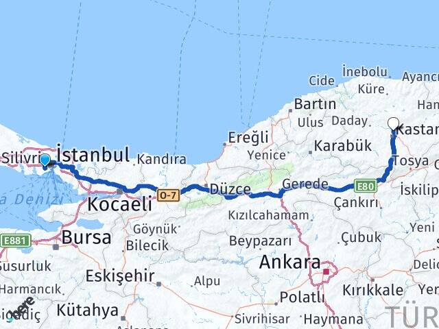 İstanbul Esenler Kuzeykent Kastamonu Arası Kaç Km - Yol Haritası