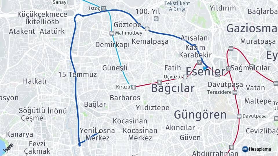 İstanbul Esenler Yenibosna Bahçelievler Arası Kaç Km - Yol Haritası