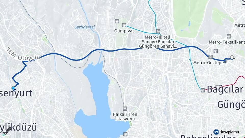 İstanbul Esenyurt Havaalanı Esenler Arası Kaç Km - Yol Haritası
