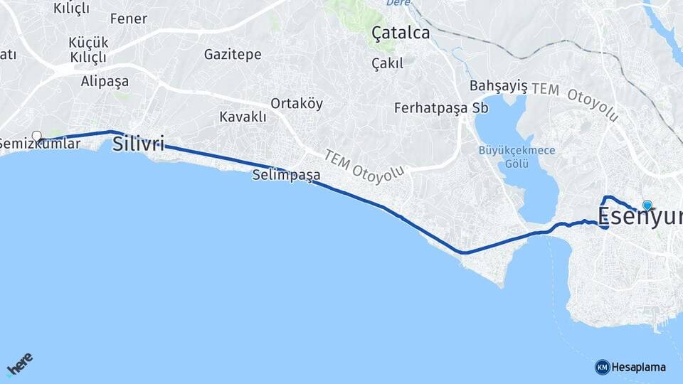 İstanbul Esenyurt Semizkumlar Silivri Arası Kaç Km - Yol Haritası