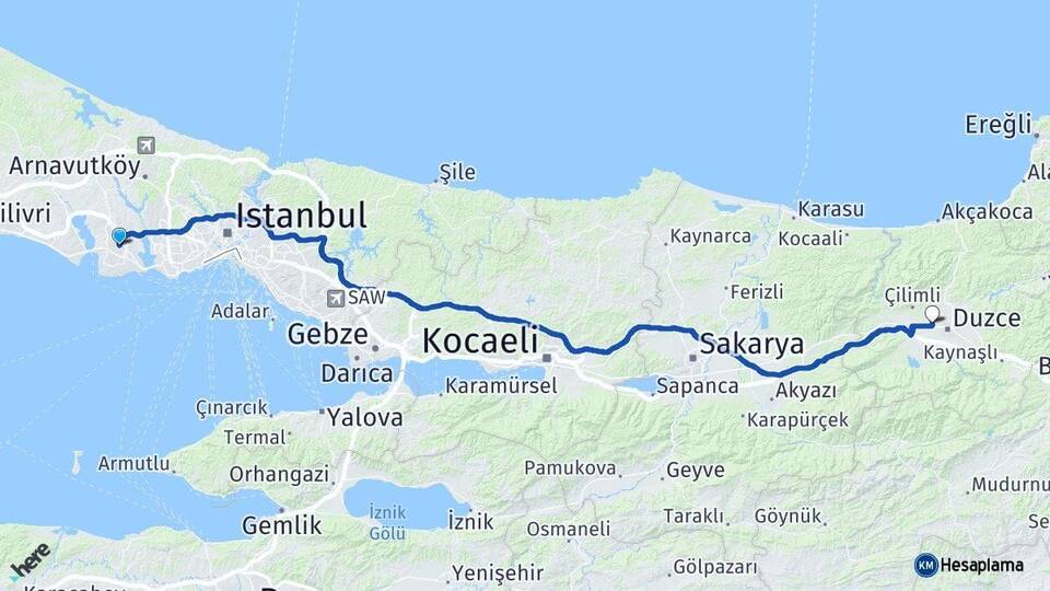 İstanbul Esenyurt Taşköprü Düzce Arası Kaç Km - Yol Haritası