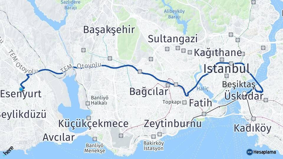 İstanbul Esenyurt Üsküdar Arası Kaç Km - Yol Haritası