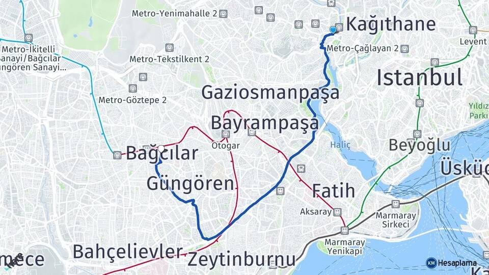 İstanbul Eyüpsultan Alibeyköy Bağcılar Arası Kaç Km - Yol Haritası