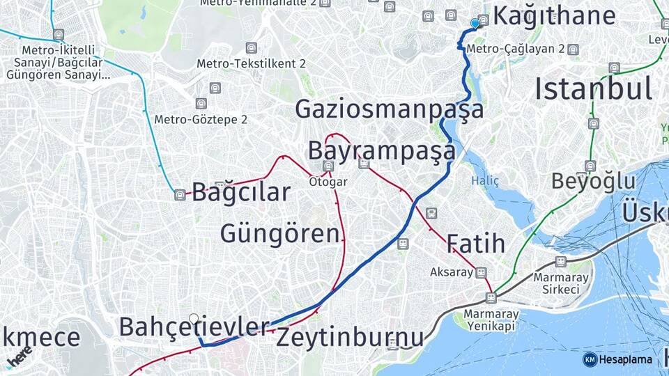 İstanbul Eyüpsultan Alibeyköy Bahçelievler Arası Kaç Km - Yol Haritası