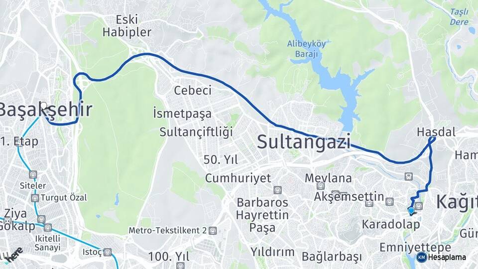 İstanbul Eyüpsultan Alibeyköy Başakşehir Arası Kaç Km - Yol Haritası