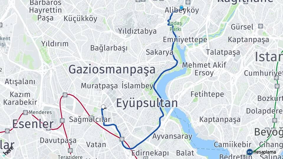 İstanbul Eyüpsultan Alibeyköy Bayrampaşa Arası Kaç Km - Yol Haritası
