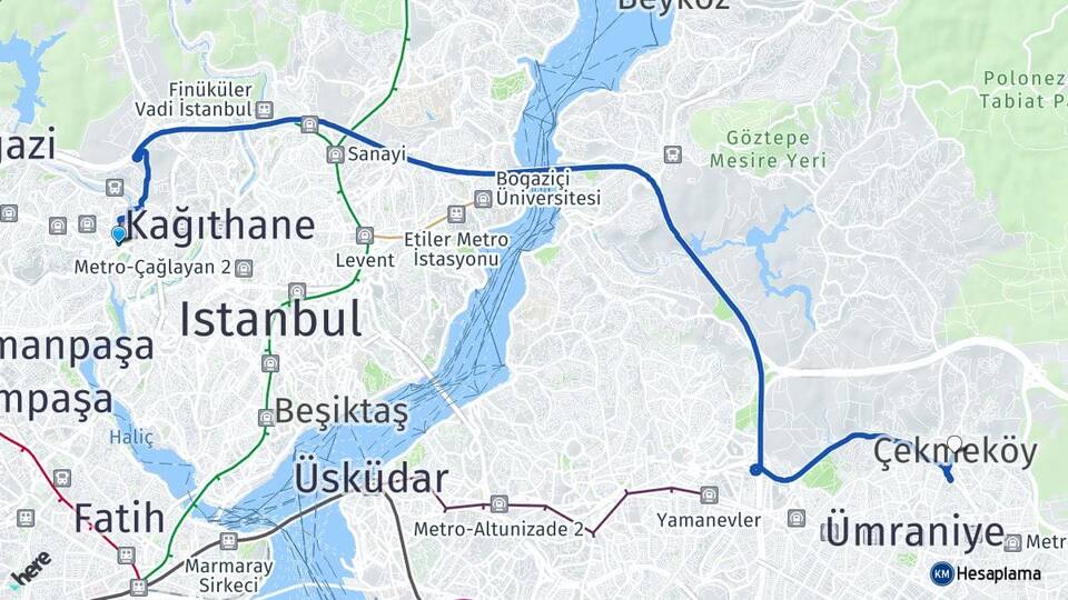 İstanbul Eyüpsultan Alibeyköy Çekmeköy Arası Kaç Km - Yol Haritası