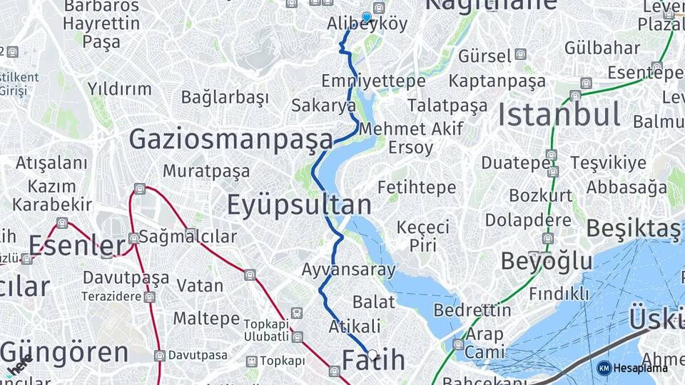 İstanbul Eyüpsultan Alibeyköy Fatih Arası Kaç Km - Yol Haritası