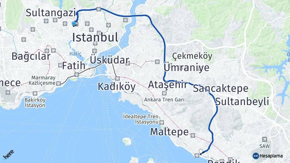 İstanbul Eyüpsultan Alibeyköy Kartal Arası Kaç Km - Yol Haritası