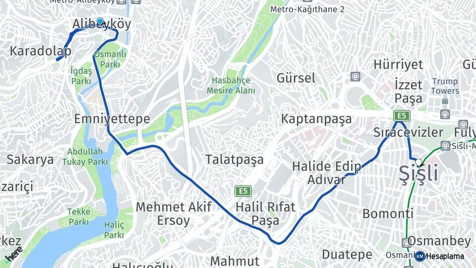 İstanbul Eyüpsultan Alibeyköy Şişli Arası Kaç Km - Yol Haritası