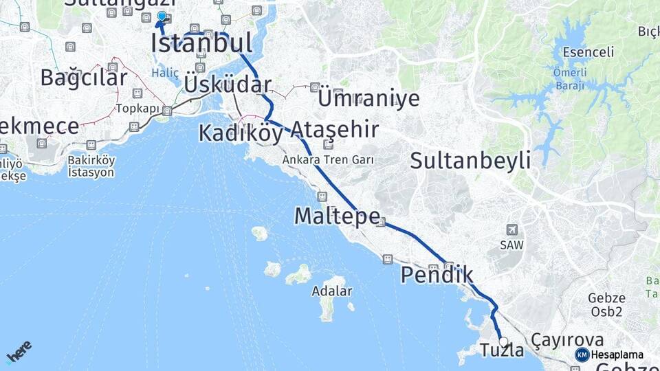 İstanbul Eyüpsultan Alibeyköy Tuzla Arası Kaç Km - Yol Haritası