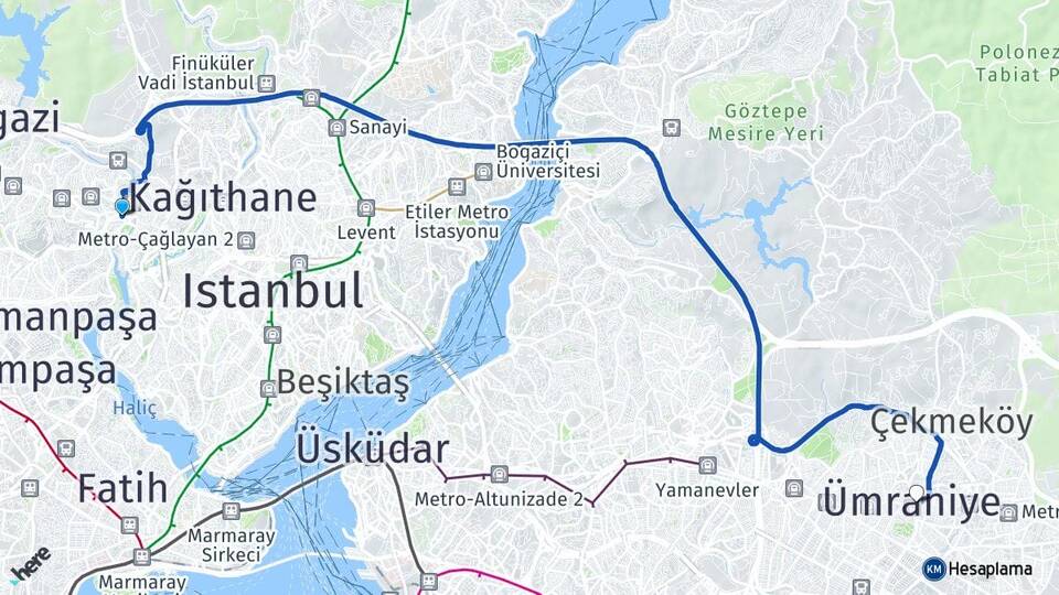 İstanbul Eyüpsultan Alibeyköy Ümraniye Arası Kaç Km - Yol Haritası