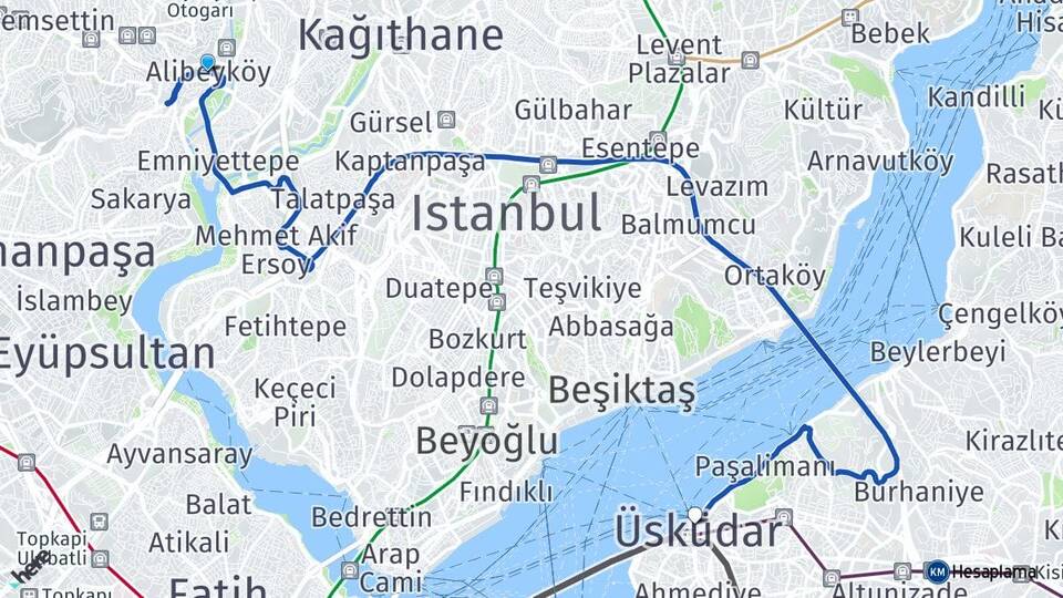 İstanbul Eyüpsultan Alibeyköy Üsküdar Arası Kaç Km - Yol Haritası