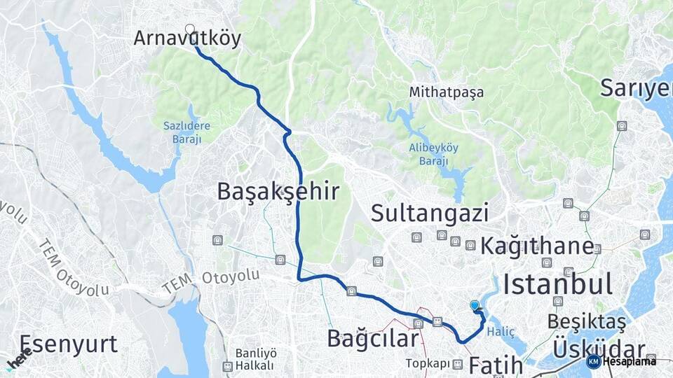 İstanbul Eyüpsultan Arnavutköy Arası Kaç Km - Yol Haritası