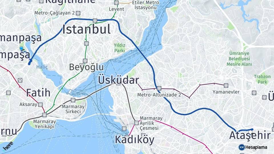 İstanbul Eyüpsultan Ataşehir Arası Kaç Km - Yol Haritası