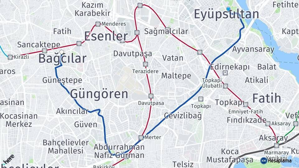 İstanbul Eyüpsultan Bağcılar Arası Kaç Km - Yol Haritası