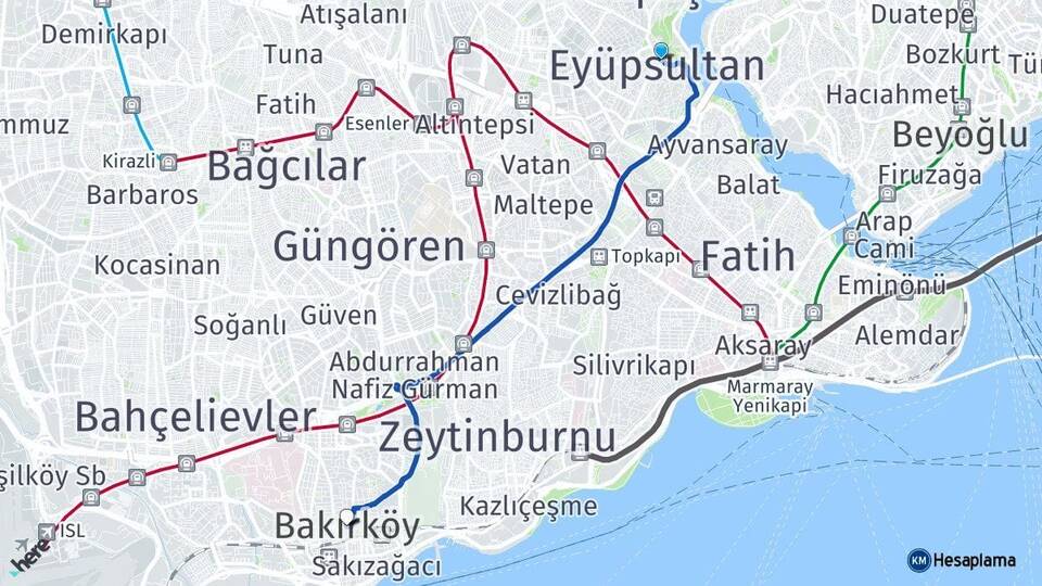 İstanbul Eyüpsultan Bakırköy Arası Kaç Km - Yol Haritası