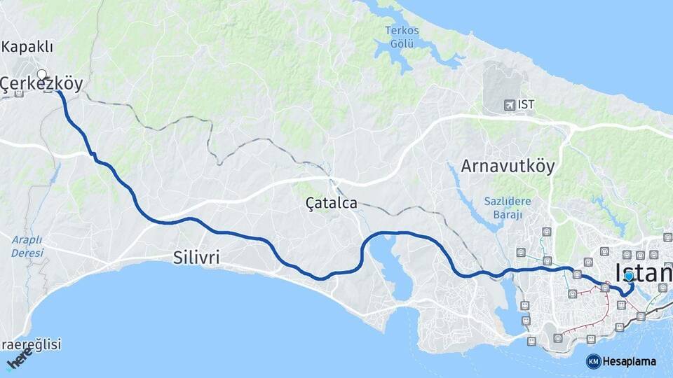 İstanbul Eyüpsultan Çerkezköy Tekirdağ Arası Kaç Km - Yol Haritası