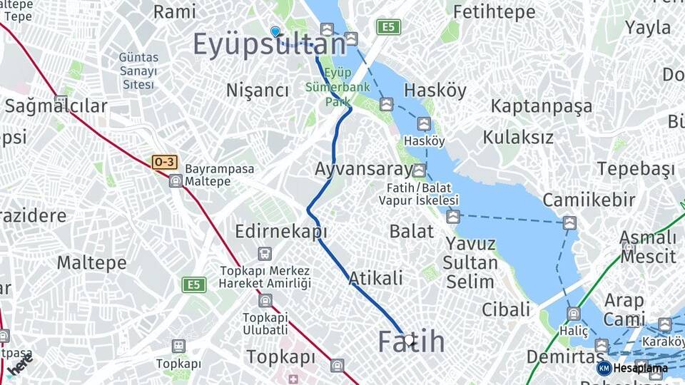 İstanbul Eyüpsultan Fatih Arası Kaç Km - Yol Haritası