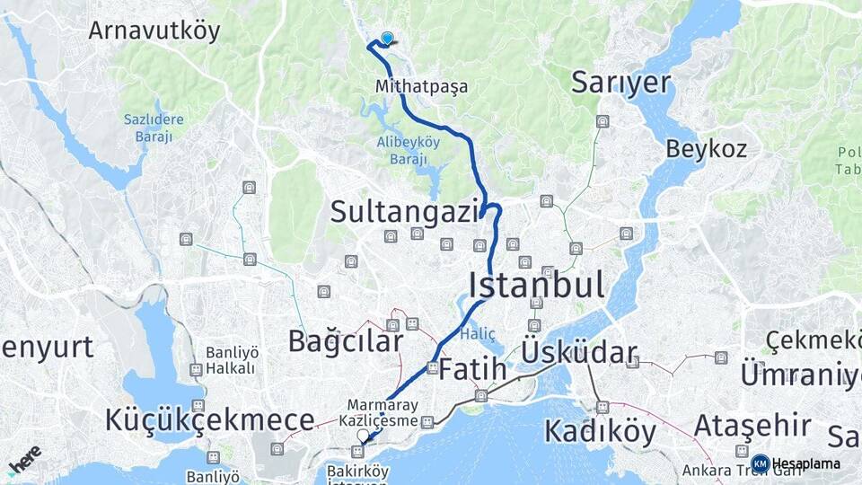 İstanbul Eyüpsultan Göktürk Bakırköy Arası Kaç Km - Yol Haritası