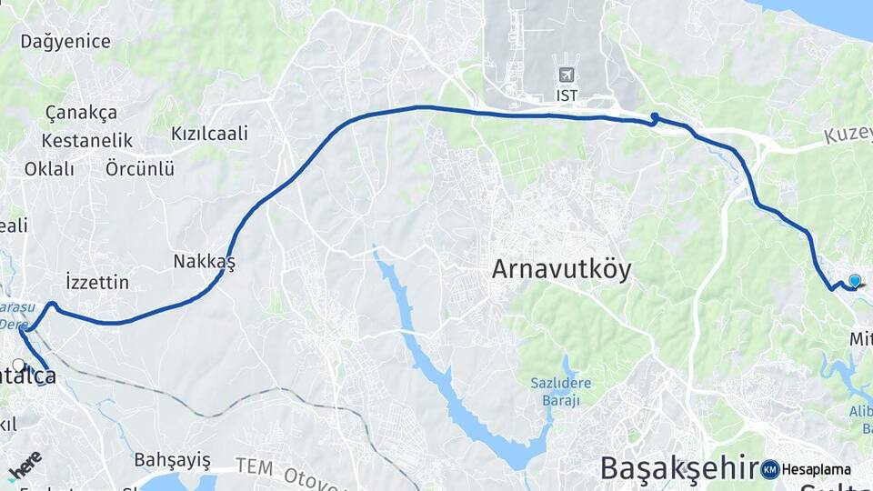 İstanbul Eyüpsultan Göktürk Çatalca Arası Kaç Km - Yol Haritası