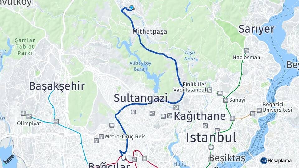 İstanbul Eyüpsultan Göktürk Esenler Arası Kaç Km - Yol Haritası