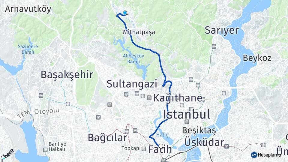 İstanbul Eyüpsultan Göktürk Fatih Arası Kaç Km - Yol Haritası