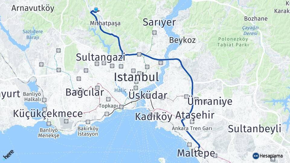 İstanbul Eyüpsultan Göktürk Maltepe Arası Kaç Km - Yol Haritası