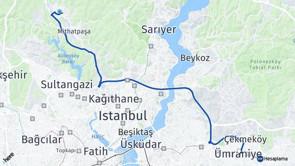 İstanbul Eyüpsultan Göktürk Ümraniye Arası Kaç Km - Yol Haritası