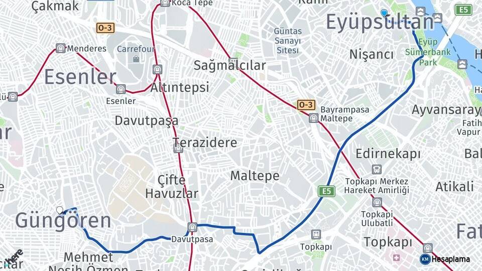 İstanbul Eyüpsultan Güngören Arası Kaç Km - Yol Haritası