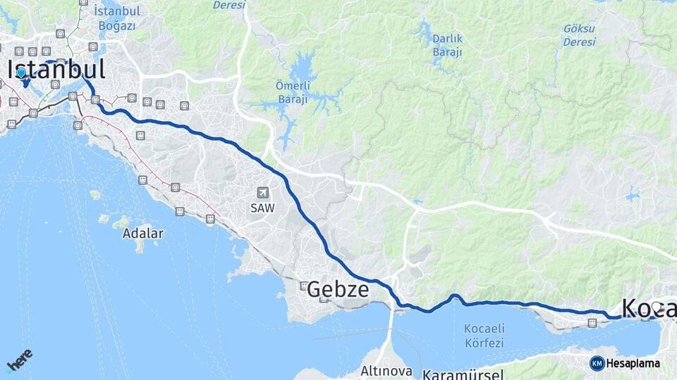 İstanbul Eyüpsultan İzmit Kocaeli Arası Kaç Km - Yol Haritası