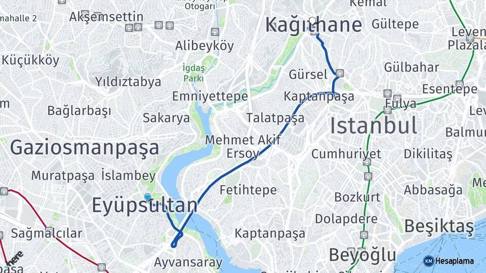 İstanbul Eyüpsultan Kağıthane Arası Kaç Km - Yol Haritası