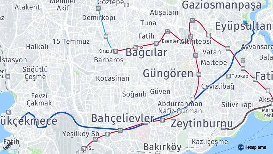 İstanbul Eyüpsultan Küçükçekmece Arası Kaç Km - Yol Haritası