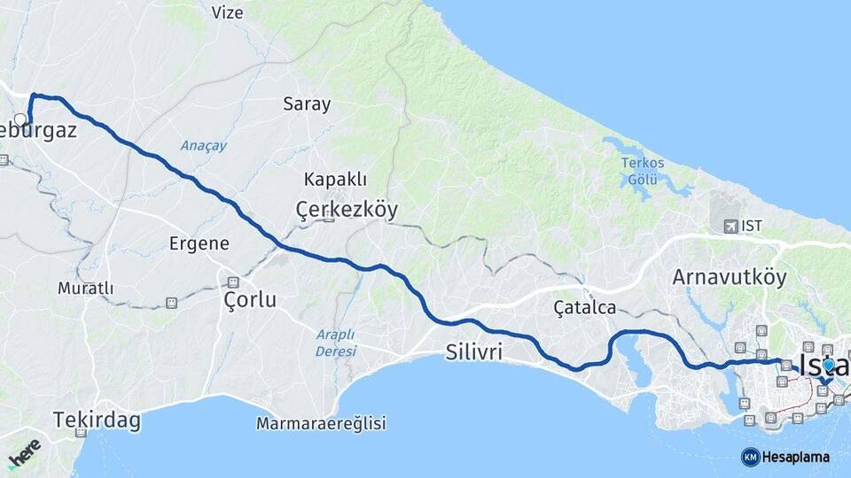 İstanbul Eyüpsultan Lüleburgaz Kırklareli Arası Kaç Km - Yol Haritası