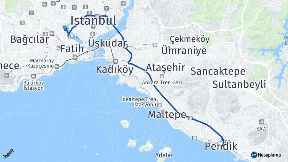 İstanbul Eyüpsultan Pendik Arası Kaç Km - Yol Haritası